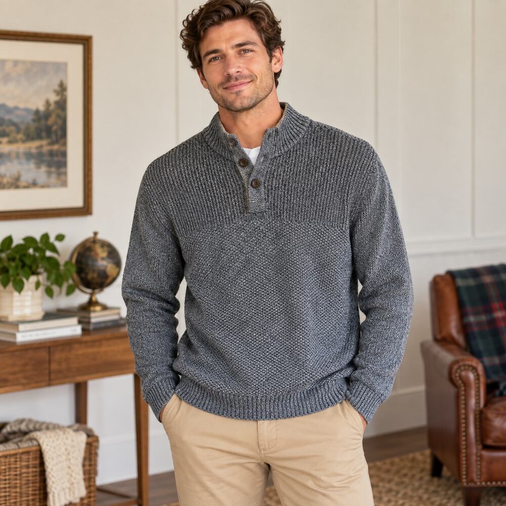Chaps blue 1/4 button sweater elbow patch Large preppy